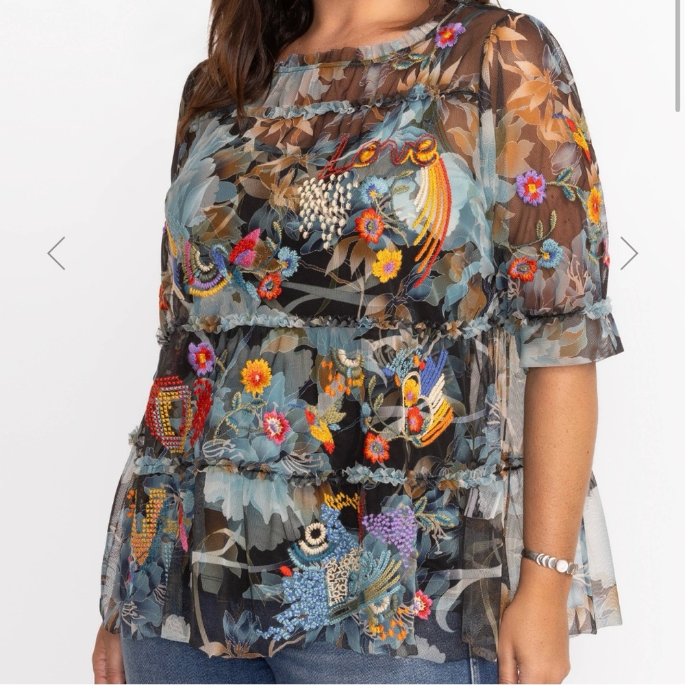 Johnny Was Multicolor Embroidered Sheer Blouse